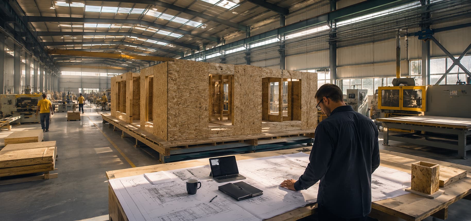 ÖKOHAUS GER architect and engineer reviewing Smart-Timber™ construction drawings and materials inside the production facility.
