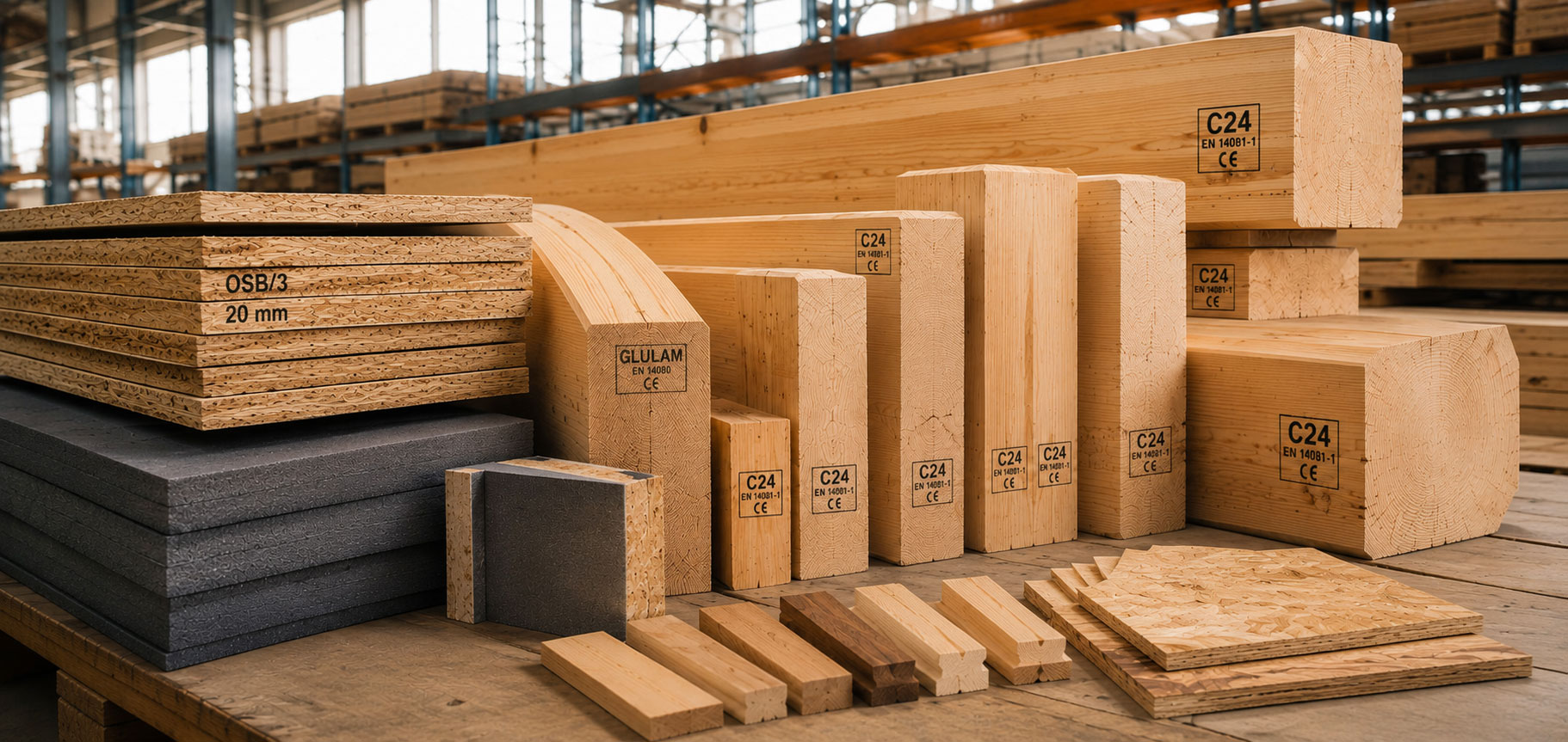 C24 structural timber, OSB and insulation samples used in Smart-Timber™ construction.