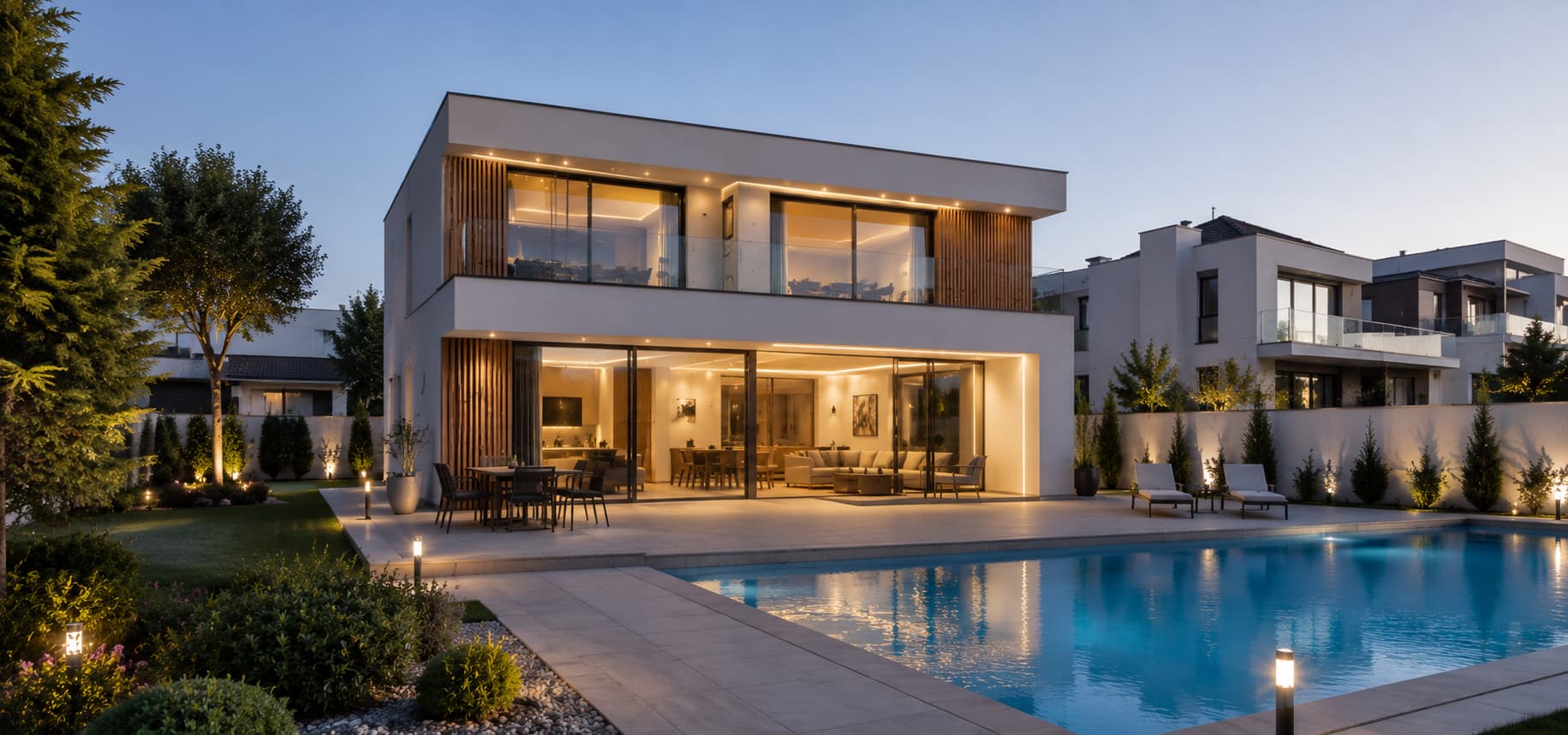 Completed modern Smart-Timber™ home with large glazing, landscaped garden and swimming pool in a residential area.